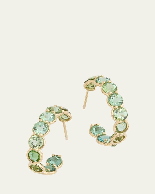 18K Yellow Gold Round Faceted Light Green Tourmaline Hoop Earrings